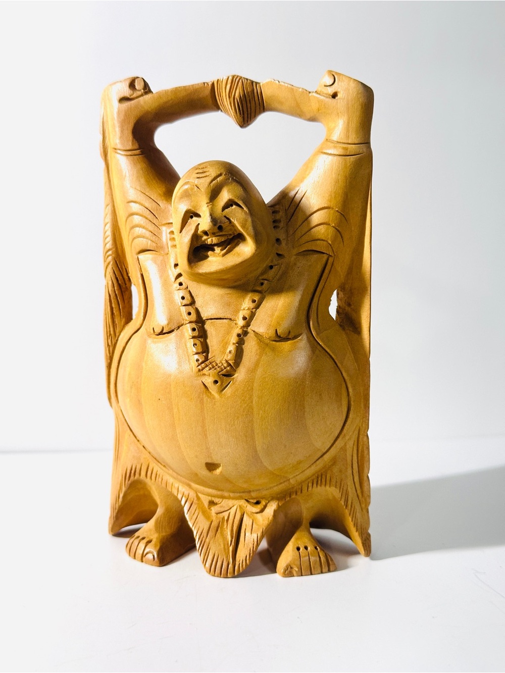 Sandalwood Hand Carved Happy Laughing Buddha Hands Up Statue-Figirine